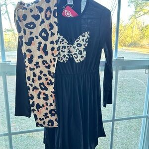 Black Dress with Leopard Print Leggings and Infinity Scarf NWT